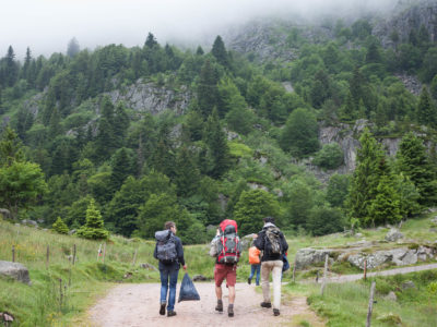 Trois hommes de dos qui randonnent dans les vosges